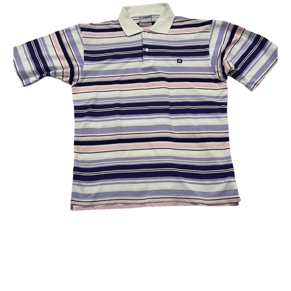 Southpole Striped Polo Shirt Cotton Blend Casual Top Purple Pink White L(501)